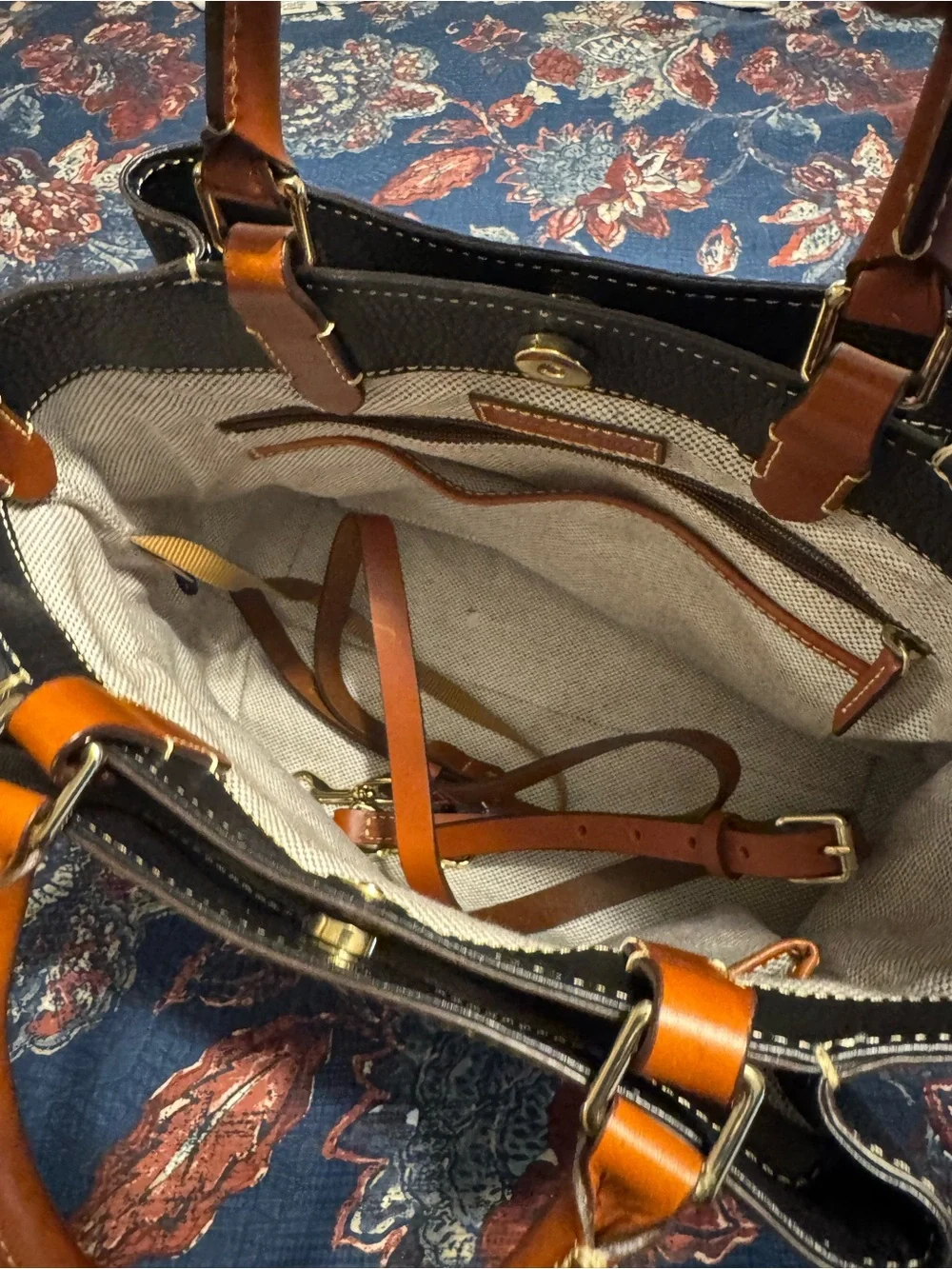 Dooney & Bourke Black Pebbled Leather Satchel with Brown Trim